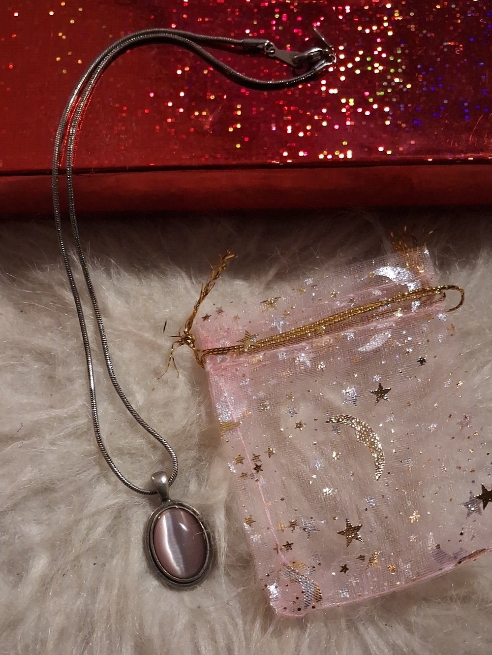 ICING Silvertone Necklace with Pink Cat's Eye Pendant